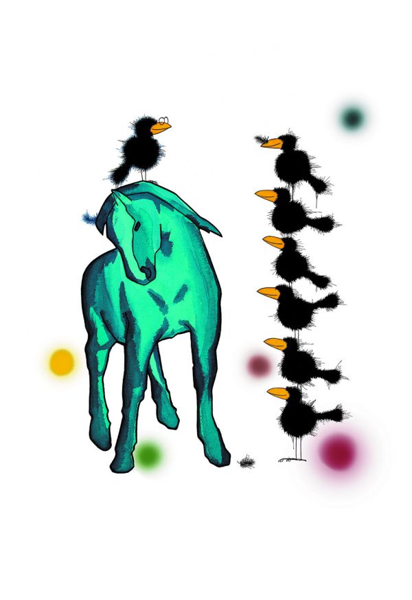 KD 933 Schwarzer Rabe auf blauem Pferd